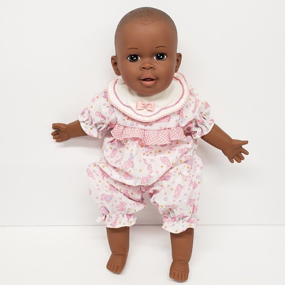 Loving Wonders 14" Soft Luv AA Black Vinyl Baby Girl Doll Bear Romper